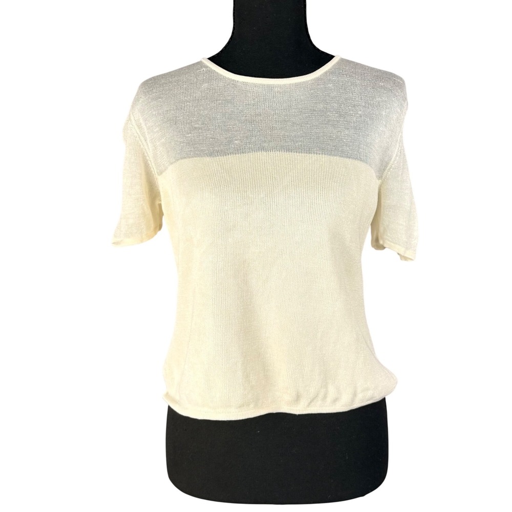 St. Kitti Silk Knit Top Women Small Cream Sheer Mesh Panel Short Sleeve Y2K